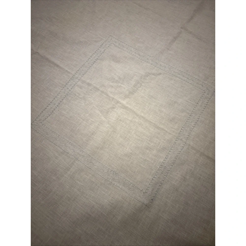 Vintage Hand Embroidered Linen Heavy White Tablecloth Light Blue 49.5